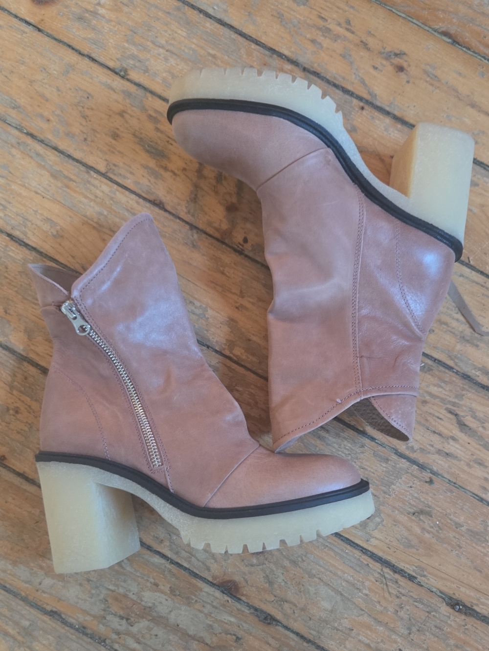 FREE PEOPLE Women's Blush Pink Leather Chunky Heel Ankle Boots